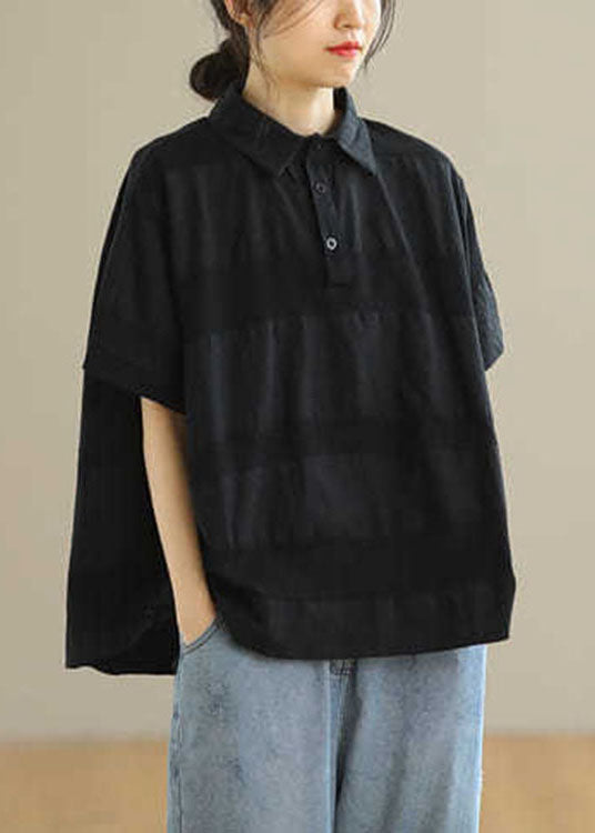Vintage Black PeterPan Collar Button Loose Fall Shirts Half Sleeve