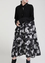 Vintage schwarz PeterPan Kragen Patchwork asymmetrisches Design Rüschen Herbstkleid Langarm
