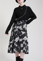 Vintage Black PeterPan Collar Patchwork asymmetrical design Ruffled Fall Dress Long sleeve