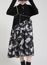 Vintage Black PeterPan Collar Patchwork asymmetrical design Ruffled Fall Dress Long sleeve