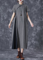 Vintage Black Plaid Patchwork Linen Cheongsam Dresses Summer