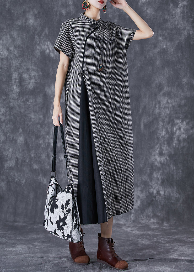 Vintage Black Plaid Patchwork Linen Cheongsam Dresses Summer