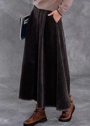 Vintage Black Pockets Elastic Waist Corduroy Skirts Spring