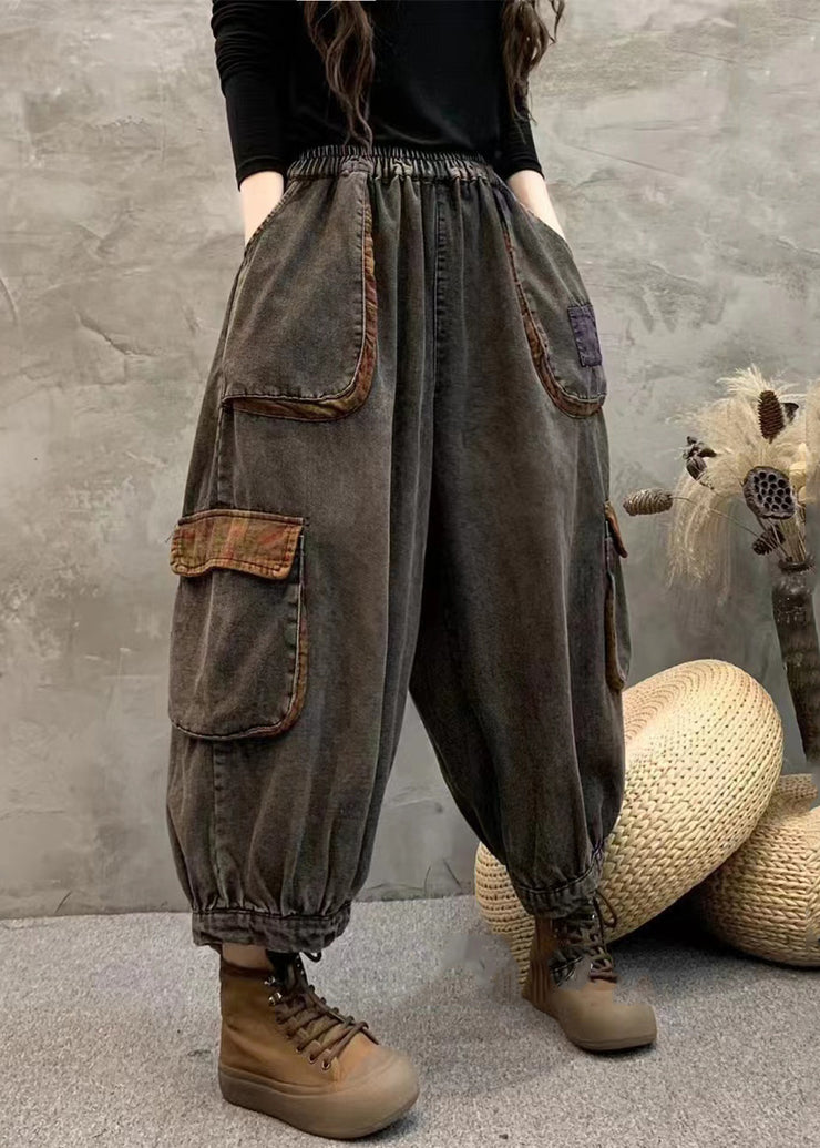 Vintage Black Pockets Elastic Waist Patchwork Denim Harem Pants Fall