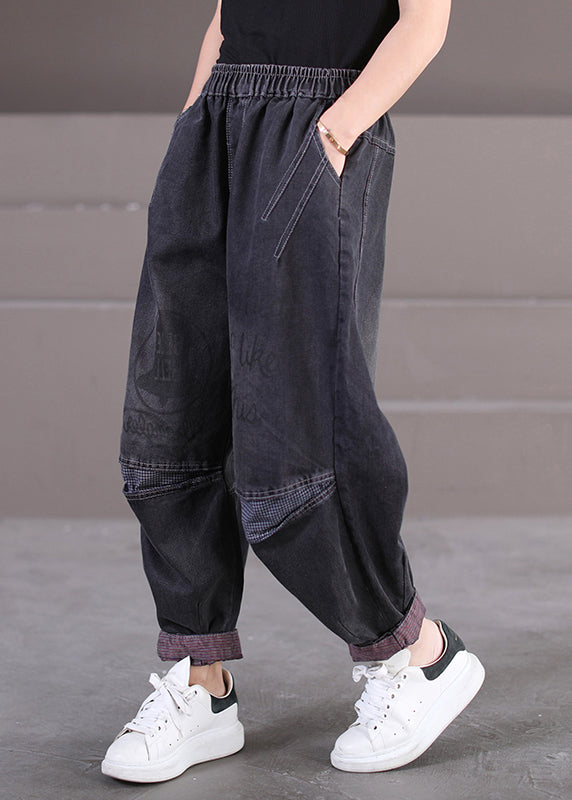 Vintage schwarze Taschen drucken elastische Taillen-Denim-Hosen Herbst