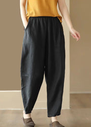Vintage Black Pockets Wrinkled Patchwork Linen Pants Summer