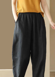Vintage Black Pockets Wrinkled Patchwork Linen Pants Summer