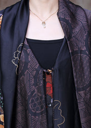 Vintage Black Print Bow Collar Side Open Silk Long Cardigan Long Sleeve