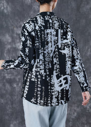 Vintage Black Print Chinese Button Cotton Shirt Spring