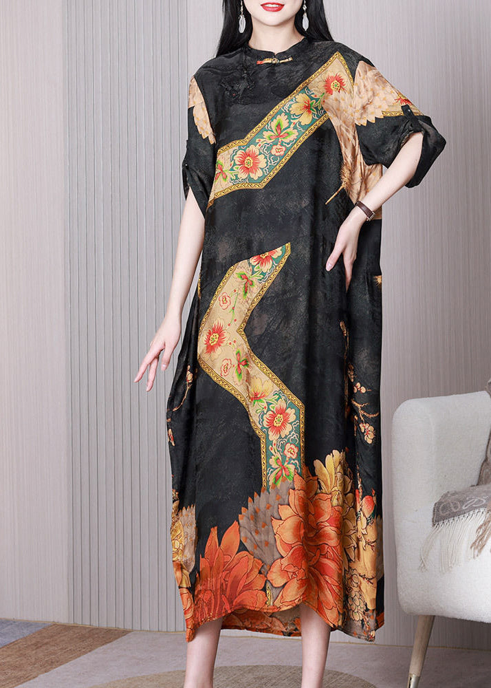 Vintage Black Print Patchwork Chinese Button Silk Long Dress Half Sleeve