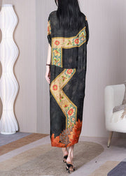 Vintage Black Print Patchwork Chinese Button Silk Long Dress Half Sleeve