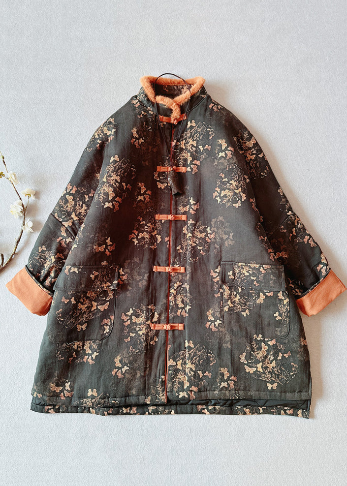 Vintage Black Print Pockets Fur Collar Patchwork Fine Cotton Filled Coat Winter