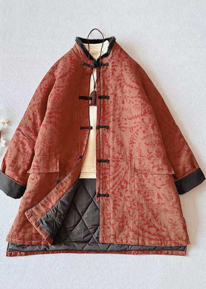 Vintage Black Print Pockets Fur Collar Patchwork Fine Cotton Filled Coat Winter