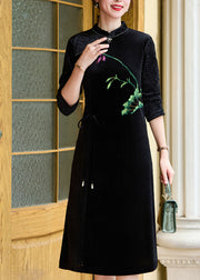 Vintage Black Print Tie waist Silk Velour Vacation Long Dresses Long Sleeve