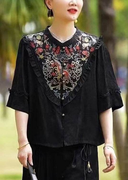 Vintage Black Ruffled Embroidered Patchwork Silk Tops Half Sleeve