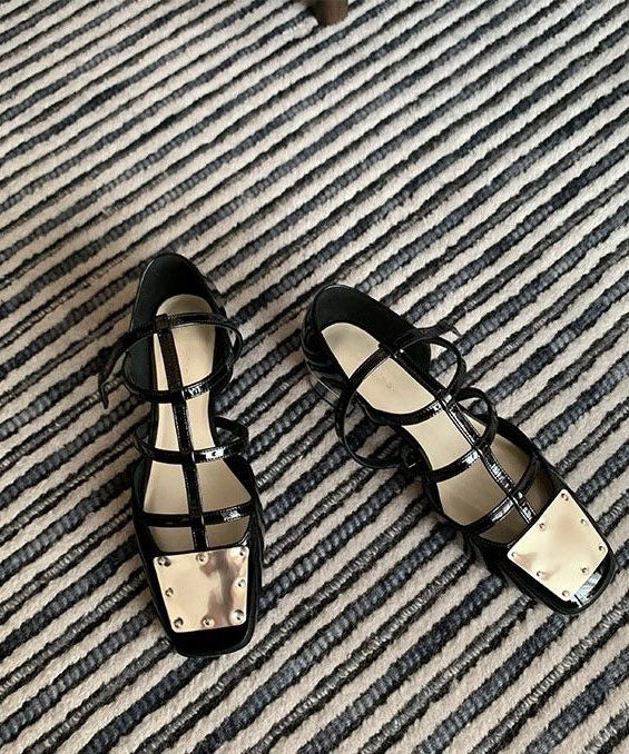 Vintage Black Sequined Splicing Buckle Strap Chunky Sandals