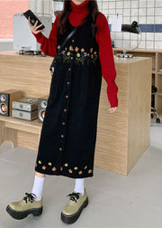 Vintage Black Slash Neck Embroidered Patchwork Button Denim Maxi Dress Sleeveless