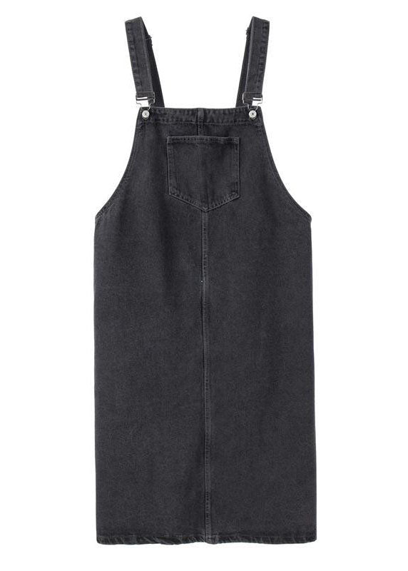 Vintage Black Slash Neck Patchwork Button Denim Long Dress Fall