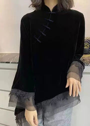 Vintage Black Stand Collar Asymmetrical Patchwork Velour Shirt Fall