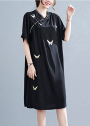Vintage Black Stand Collar Button Butterfly Embroidered Cheongsam Dresses Short Sleeve