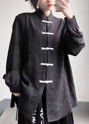 Vintage Black Stand Collar Chinese Button Patchwork Cotton Top Fall