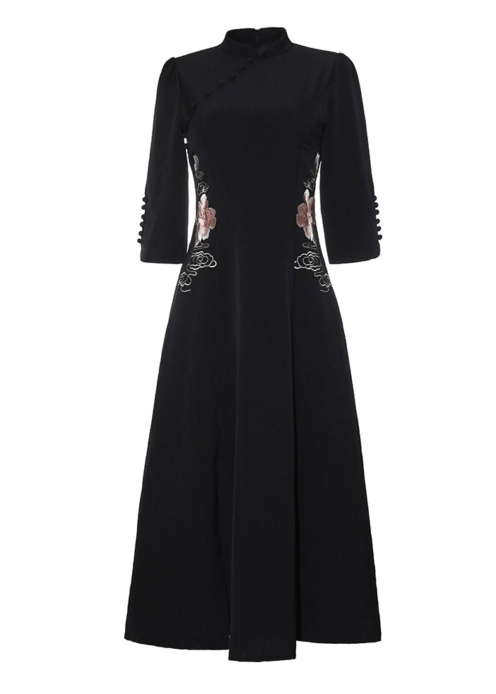 Vintage Black Stand Collar Embroidered Button Party Tulle Maxi Dress Long Sleeve