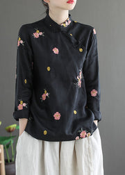 Vintage Black Stand Collar Embroidered Linen Shirt Long Sleeve