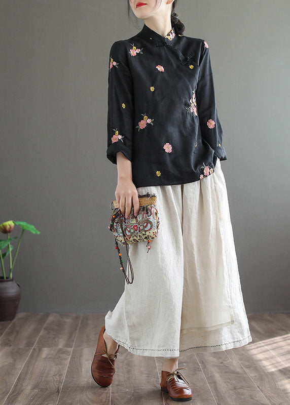 Vintage Black Stand Collar Embroidered Linen Shirt Long Sleeve