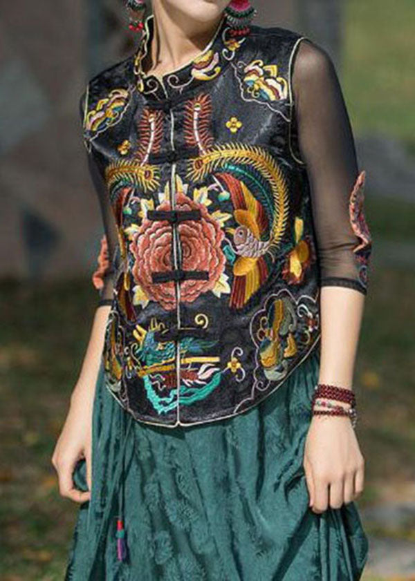 Vintage Black Stand Collar Embroidered Patchwork Silk Vest Sleeveless