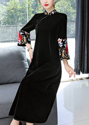 Vintage Black Stand Collar Embroidered Patchwork Velour Dress Fall