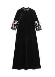 Vintage Black Stand Collar Embroidered Patchwork Velour Dress Fall