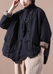 Vintage Black Fine Linen Jacket Cotton Filled Coat Winter