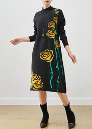 Vintage Black Stand Collar Floral Jacquard Knit Long Dress Spring