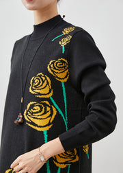 Vintage Black Stand Collar Floral Jacquard Knit Long Dress Spring