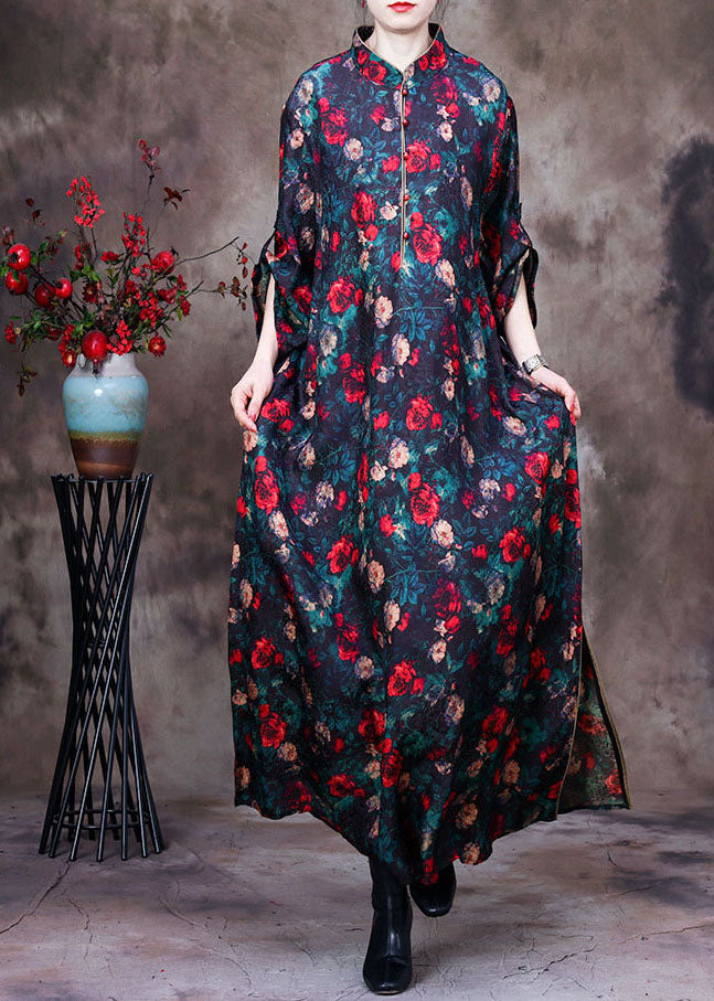 Vintage schwarze Stehkragen Blumendruck Seite offen lange Seidenkleider mit langen Ärmeln