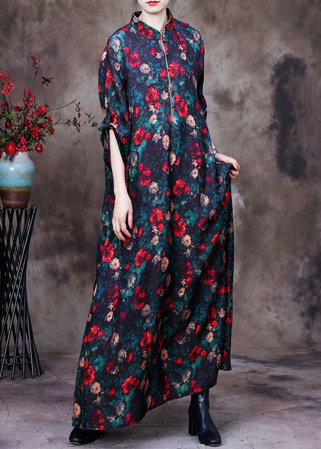 Vintage Black Stand Collar Floral Print Side Open Silk Long Dresses Long Sleeve
