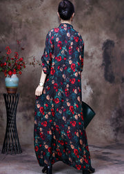 Vintage schwarze Stehkragen Blumendruck Seite offen lange Seidenkleider mit langen Ärmeln