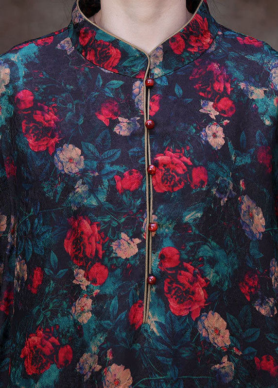 Vintage Black Stand Collar Floral Print Side Open Silk Long Dresses Long Sleeve