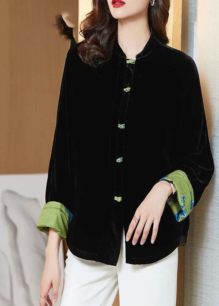 Vintage Black Stand Collar Oriental Button Warm Silk Velour Coats Winter
