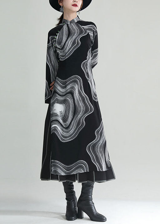 Vintage Black Stand Collar Print Side Open Cheongsam Dresses Fall
