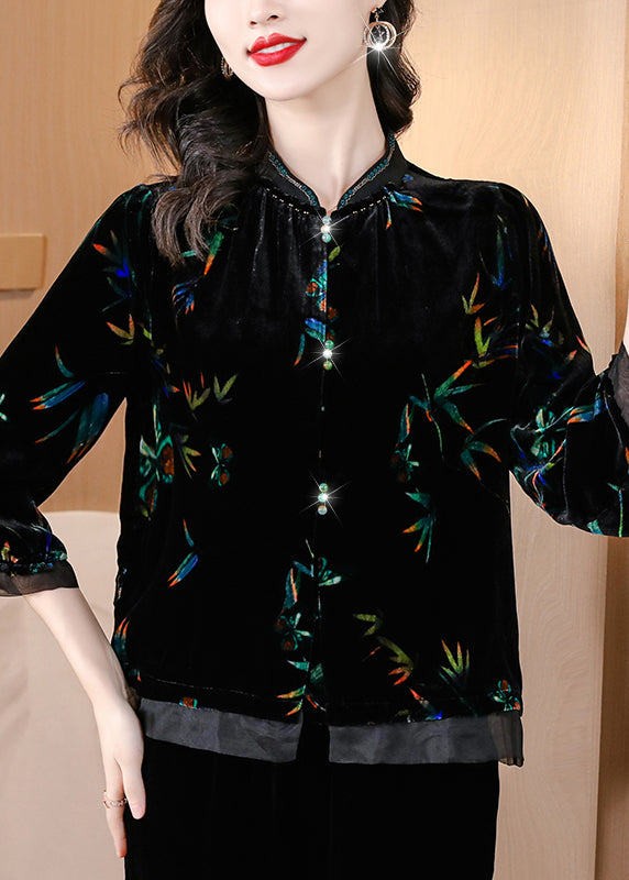 Vintage Black Stand Collar Print Silk Velour Shirts Spring