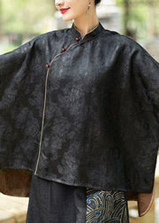 Vintage Black Stand Collar low high design Jacquard Silk Tops Batwing Sleeve