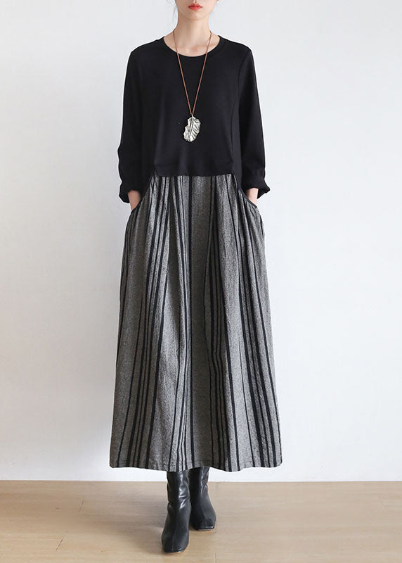 Vintage schwarz gestreift Taschen Patchwork Leinen Urlaub Kleid mit langen Ärmeln