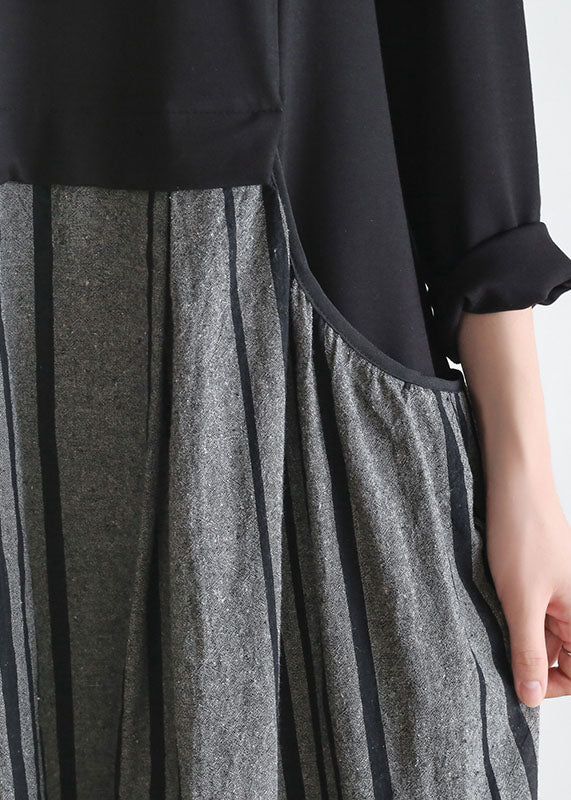 Vintage schwarz gestreift Taschen Patchwork Leinen Urlaub Kleid mit langen Ärmeln