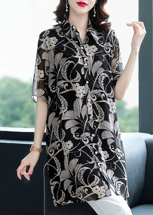 Vintage Black Turn-down Collar Print Draping Chiffon Long Shirt For Women Half Sleeve