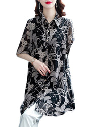Vintage Black Turn-down Collar Print Draping Chiffon Long Shirt For Women Half Sleeve