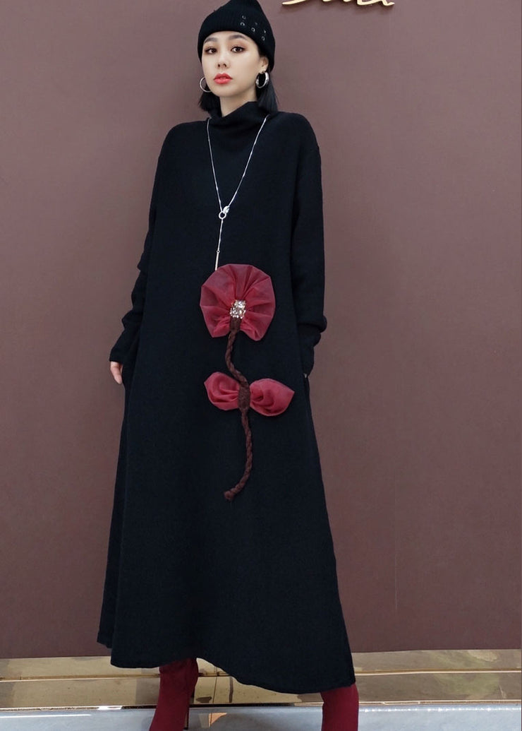 Vintage schwarz Rollkragen Blumenstrick Pullover Kleid Frühling