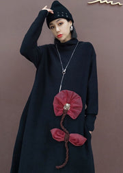 Vintage Black Turtle Neck Floral Knit Knit Sweater Dress Spring