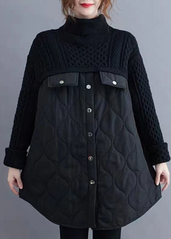 Vintage Black Turtle Neck Patchwork Knit Cotton Filled Long Sweater Winter