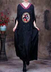 Vintage Black V Neck Butterfly Embroidered Tassel Silk Long Dresses Long Sleeve